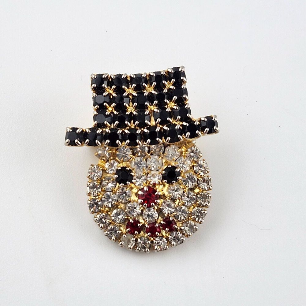 Snowman Rhinestone Brooch Pin With Black Hat & Red Nose